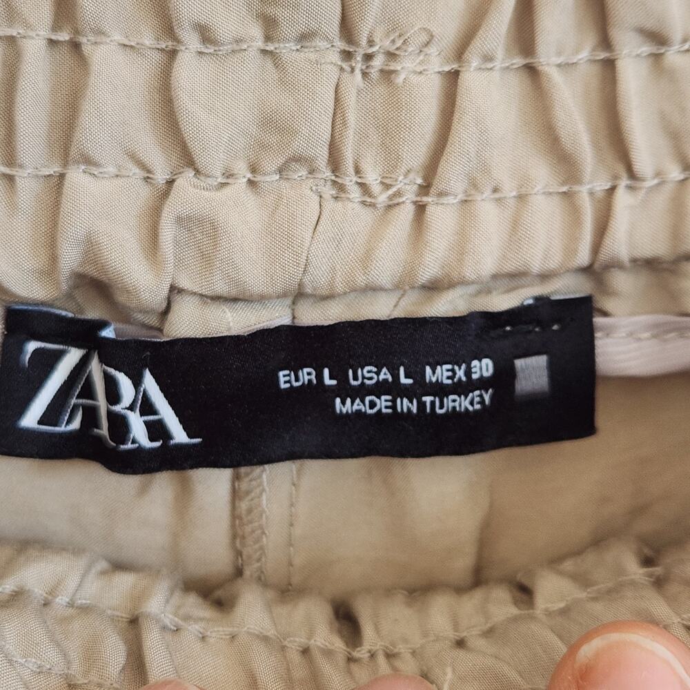ZARA Sz L Tan Drawstring Flowy Pants Elastic Waist Wide Leg White Stripe - Picture 4 of 8